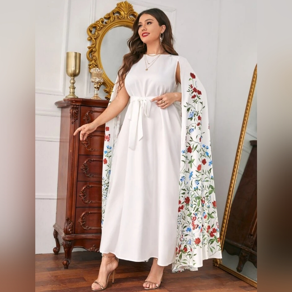 SHEIN Modely Plus Floral Print Belted Cape Dress